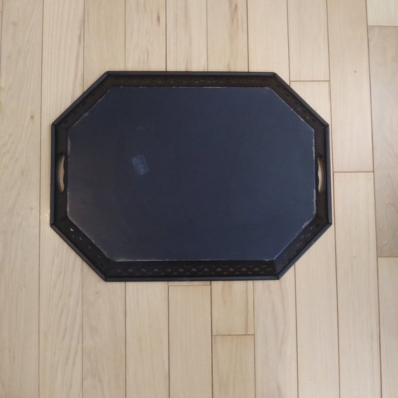 Hand-Painted Black Toleware Tray Florals pierced decorative Rim Signed Van - Picture 4 of 15